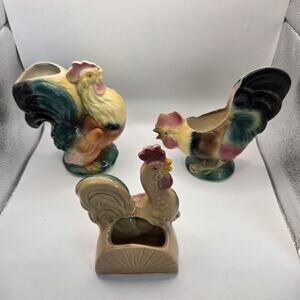 Vintage Royal Copley Rooster Planter Lot of 3 Mid Century Ceramic Pottery